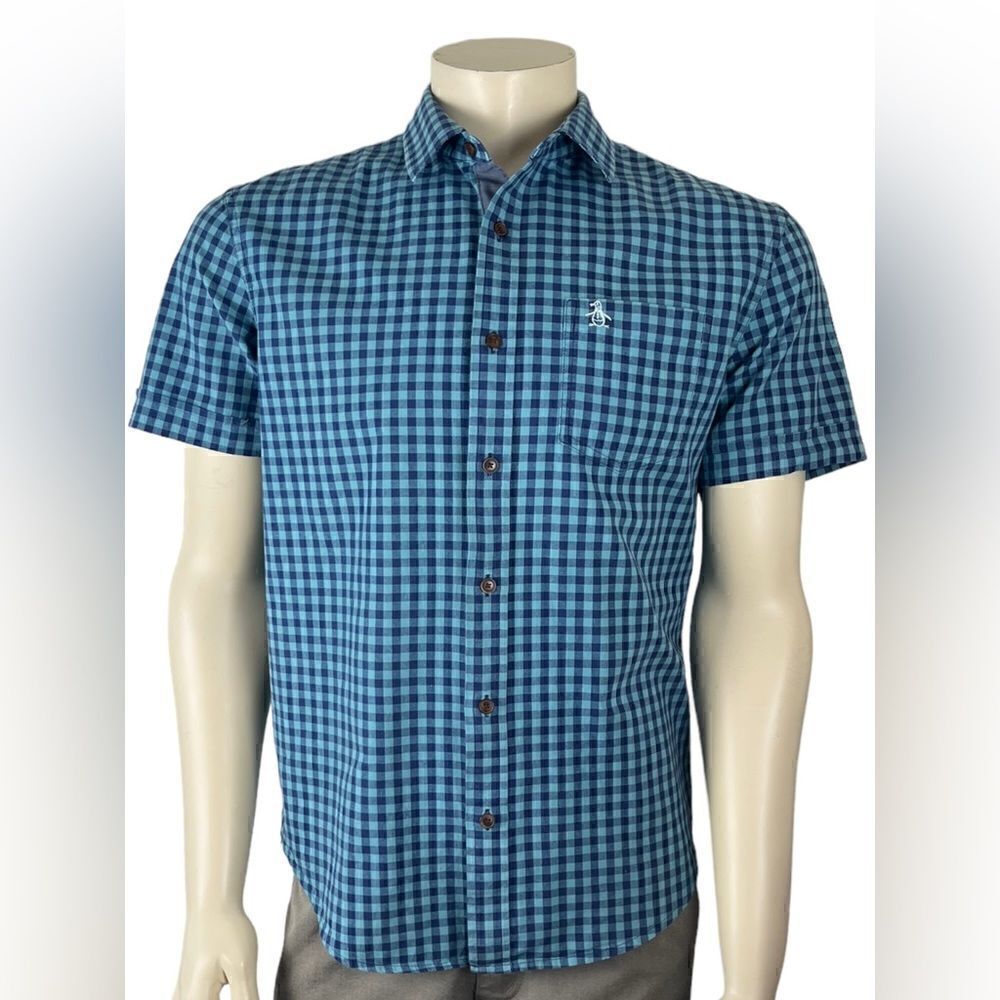 Penguin S/S Button Down in Blue/Turquoise Gotham Plaid Gently Used Size Large